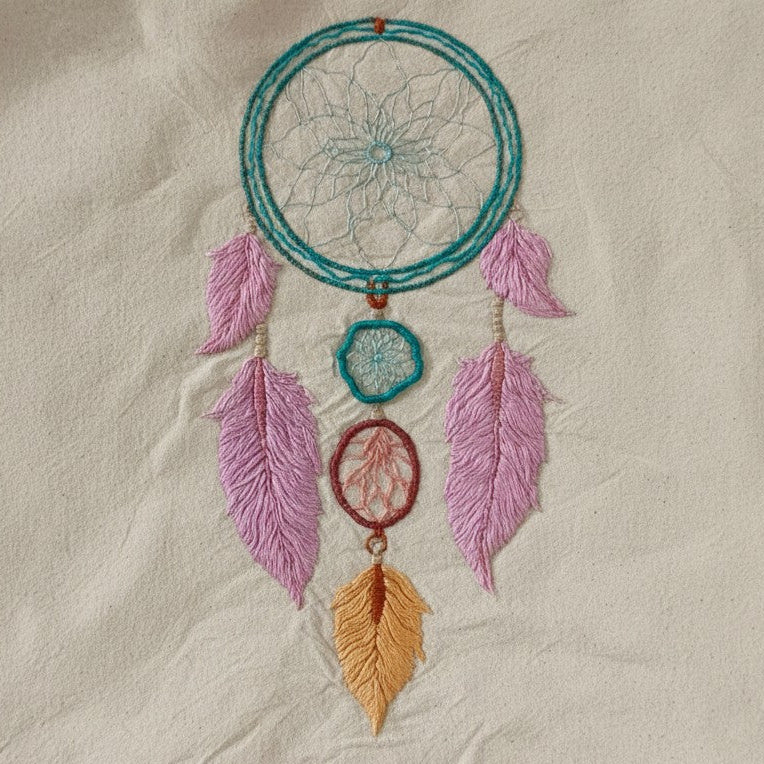 Embroidered dreamcatcher with feathers on a beige fabric background