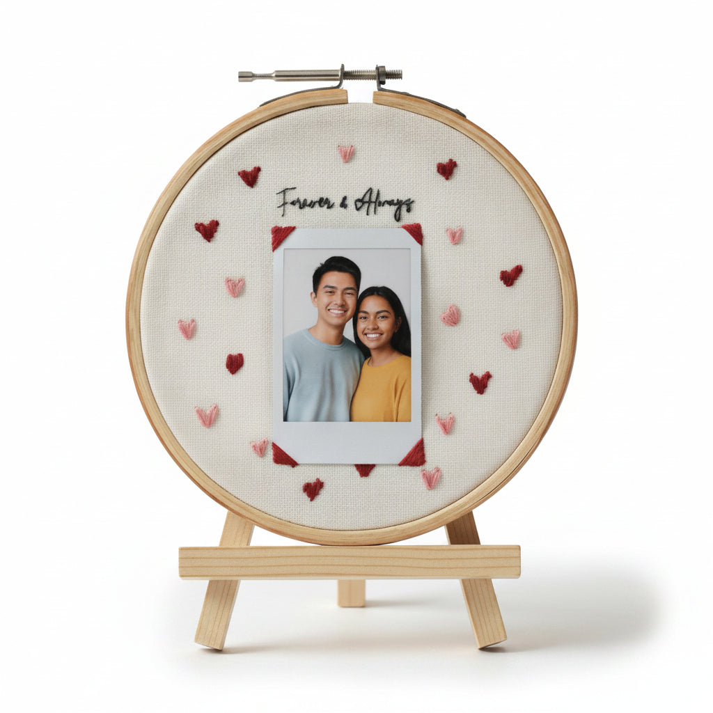 Embroidery hoop with a photo of a couple and 'Forever & Always' text on a white background
