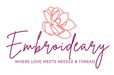 Logo of 'Embroideary' with a floral design on a white background