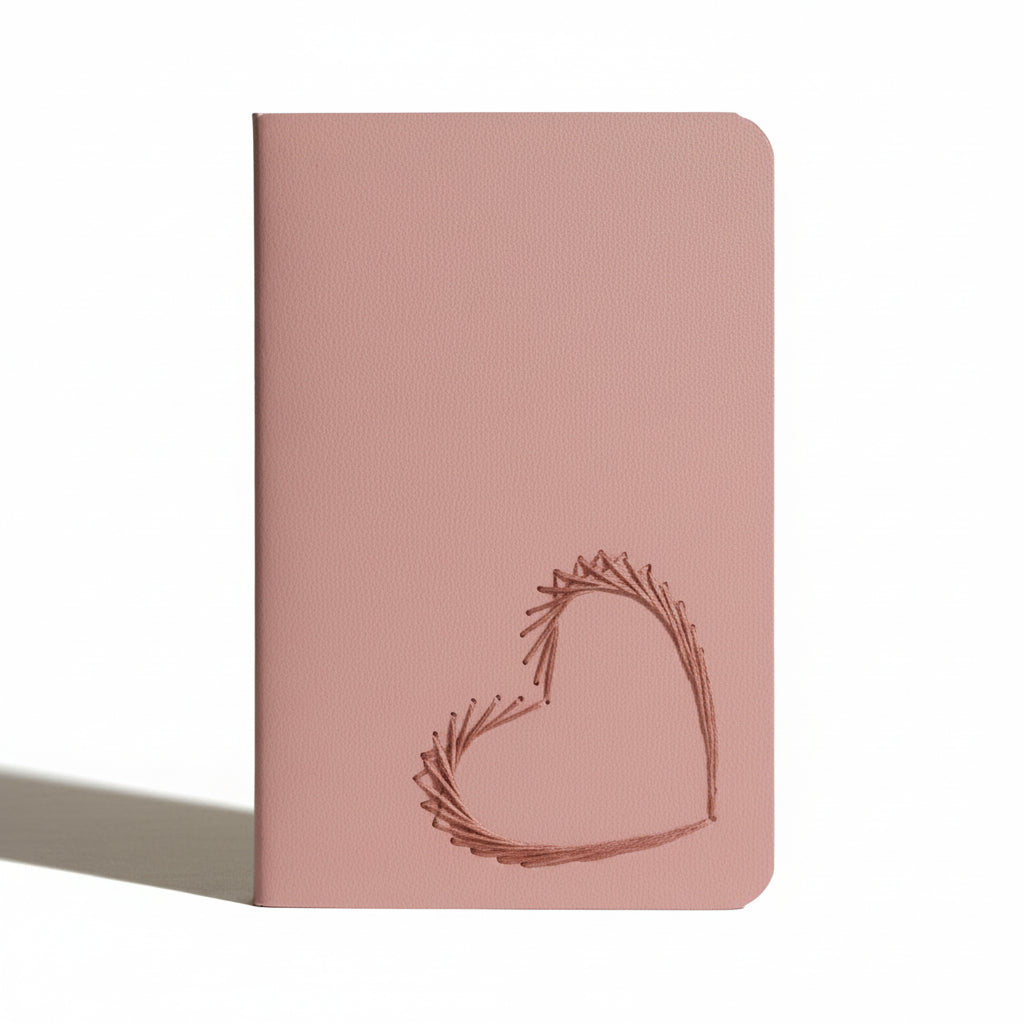 Pink notebook with a heart design on a light beige background