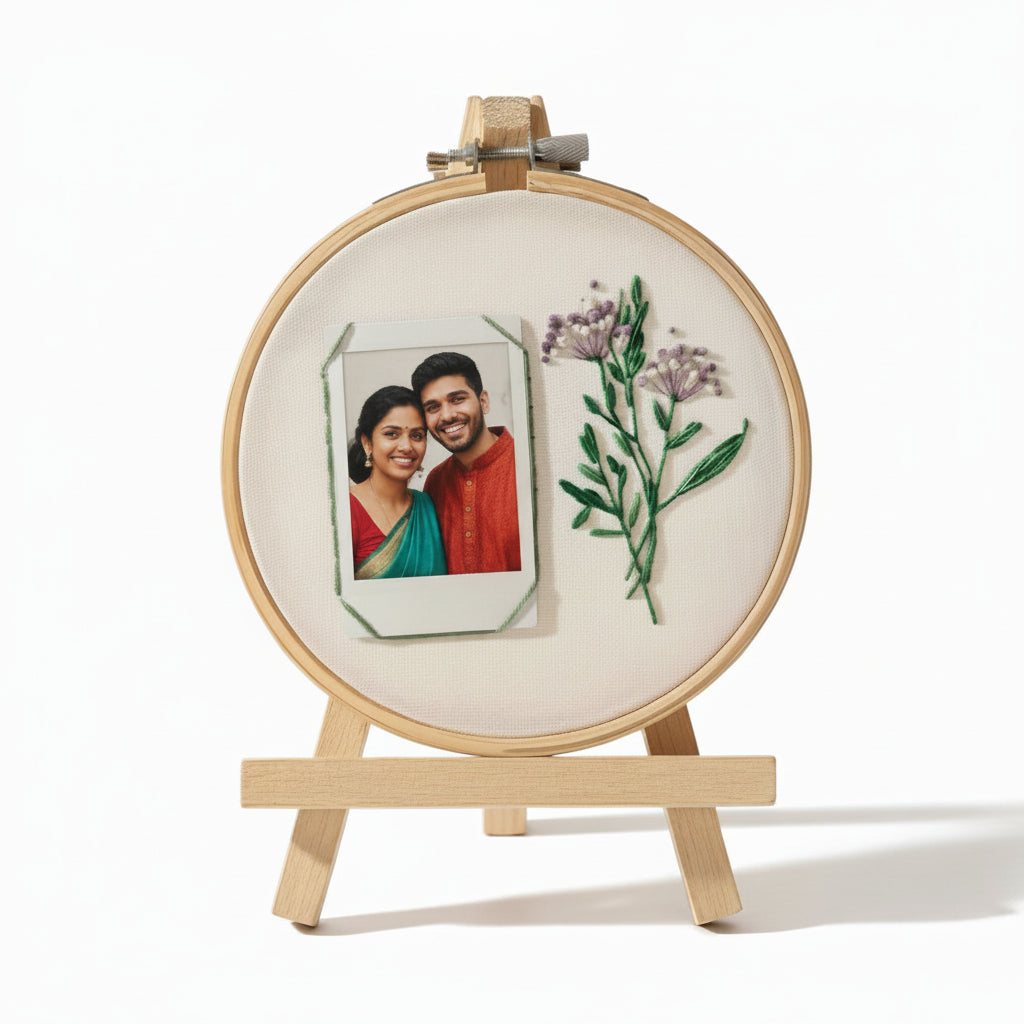 Embroidery hoop with a photo of a couple and embroidered flowers on a white background